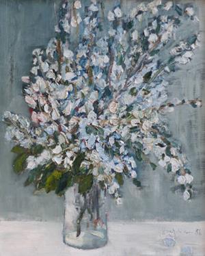 Weisse Blütenzweige in Glasvase, 1986