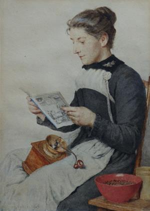 Lesende junge Berner Bäuerin, mit Kaffeemühle und Kaffee, 1903