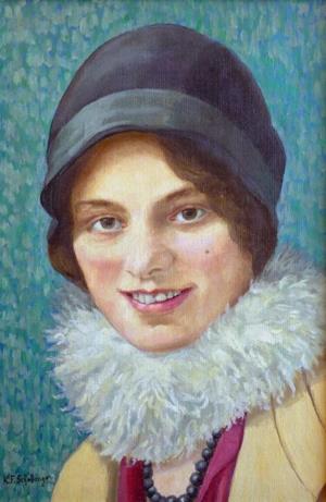 Abbild einer jungen und fröhlichen Frau mit Hut und Pelzkragen