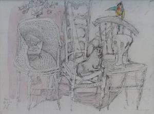 Stillleben mit 3 Stühlen, einer Katze und einem Papagei, 1957