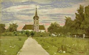 Die Kirche von Langenthal im Abendrot, um 1881