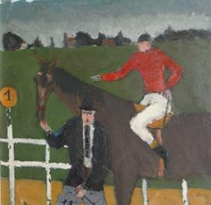 Jockey auf Pferd mit Führer