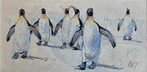 Sechs Pinguine im Marsch