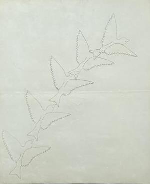 Ein Kanarienvogel, vom Beschauer weg in die Dunkelheit fliegend, 1927