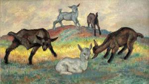 Ziegen und Ziegenlämmer im Morgenlicht, 1945
