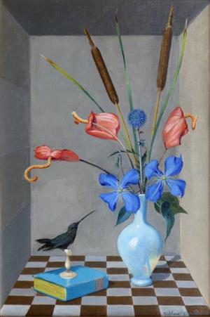 Stillleben mit Blumen, Buch und Kolibri, 1952