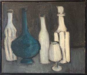 Stillleben mit Flaschen und Glas, 1969