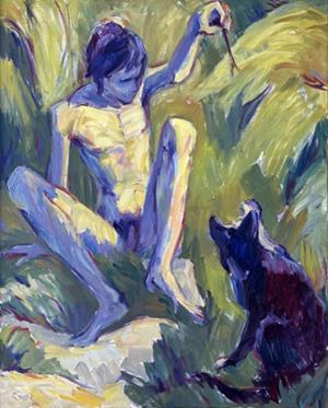 Nackter Jüngling mit Katze spielend