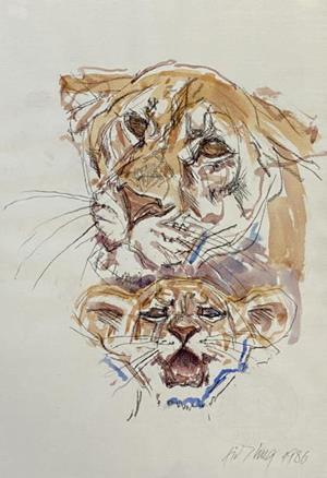 Löwenmutter mit Jungen, 1986
