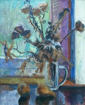 Stillleben mit Disteln und Birnen