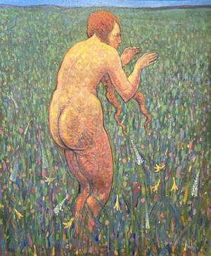 Stehender weiblicher Akt in Blumenwiese, 1922