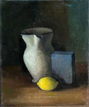 Kleines Stillleben mit Buch, Krug und Zitrone