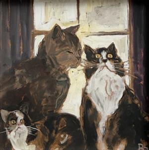 Eine schlafende und zwei staunende Katzen vor dem Fenster