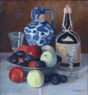 Stillleben mit Früchten, Krug, Gläser und Flasche, 1935