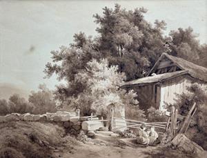 Baumlandschaft mit Schopf, davor drei spielende Kinder, 1849