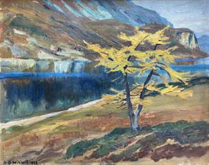 Herbstliche Berglandschaft mit Baum und See, 1928