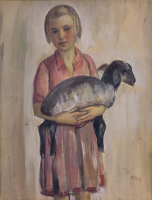 Mädchen mit Schaf auf den Armen