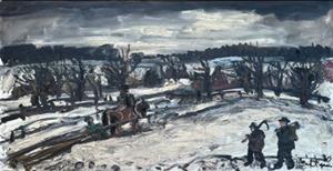 Holzer mit Pferdegespann in Winterlandschaft, 1970