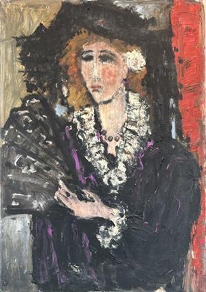 Frau mit Hut, Fächer und weisser Rose, 1964